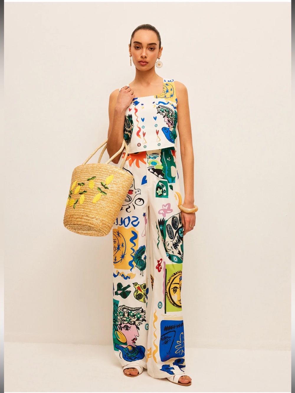 Commense Cream Wide-Leg Printed Jumpsuit with Blue & Green Motifs
